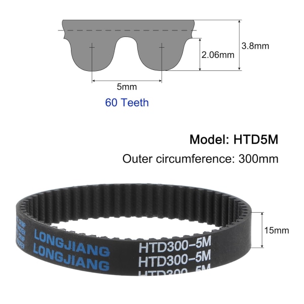 HTD5M-300 elastiska stratband 60 Z? HNE sluten slinga remskiva kuggrem 15 mm bredd, 300 mm omkrets synkroniserat bälte