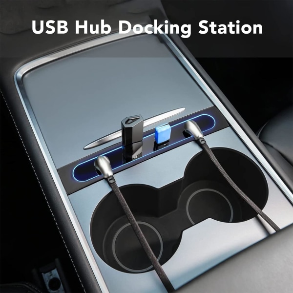 USB Hub Dockningsstation, Center Console USB Hub Dockningsstation 4 i 1 USB LED Hub Multiport laddare driven splitterbyte för Tesla 3 Y 2021