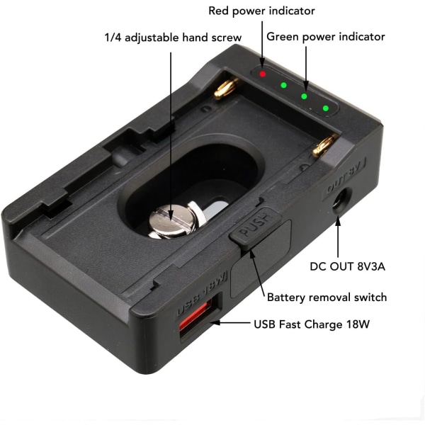 Kamerabatteriadapterplatta för NP F-seriens batteri, NP F batteriadapterplatta med DC 12V DC 8V utgångsport 18W USB