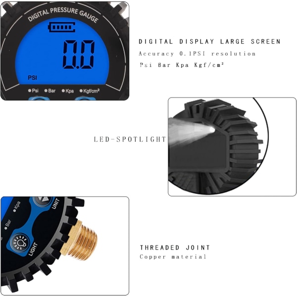 Bilreparationsverktyg Digital däcktrycksmätare LCD-skärm Fyra enheter 3‑200Psi hjuldäck Luftinflator Övervakningstestare M11X1 gänga Blå bakgrundsbelysning