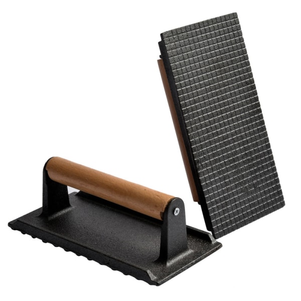 Gjutjärnsköttgrill, grillpanna, köttpress med trähandtag, professionell viktpress fyrkantig köttpressplatta 20*10,5cm en bit