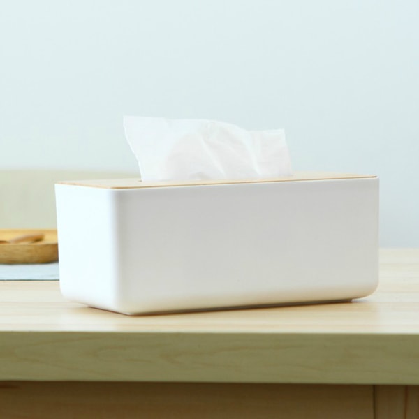 Mellanstor kvadratisk servettbehållare i bambu, servettbehållare för smink, enkel köksbehållare för vardagsrum och toalett (vit mellanstor servettbehållare)