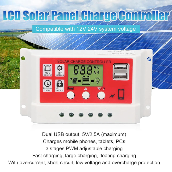 Solar Charge Controller, 3-fas PWM-justering LCD-skärm Kretsskydd Fotovoltaisk batterikontroll Dubbel USB -utgång för power
