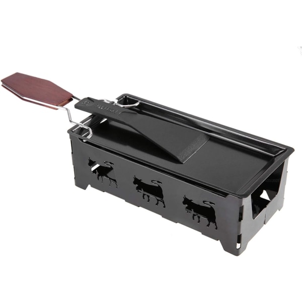 Ostraclette, hopfällbar ostsmältpanna med levande ljus Non-stick teljus raclette stekpanna med spatel och trähandtag, svart