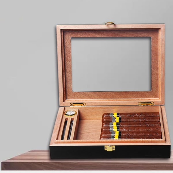 Cigarr Humidor Box, Transparent Top Cigar Humidors Cedar Wood Case med luftfuktare Digital Hygrometer och Avdelare för 20