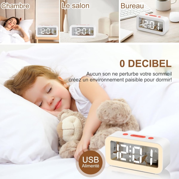 Digital väckarklocka, LED-väckarklocka med justerbar nattlampa Snooze 12/24 timmar USB sovrum sängbord vit