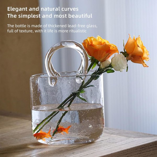 Glasvaser Fiskskål, handväska formad blomstervas Heminredningsdetalj, handgjorda glaspåsvassamling, cool och söt vas (blå)