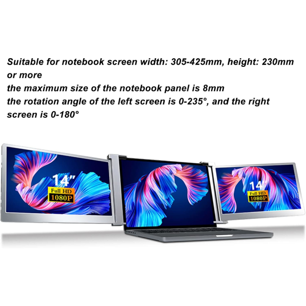 Bärbar dator med dubbla skärmar 14 tums tredubbla skärmar i plast, elektronisk 14 tums trippel bärbar bildskärm Stöd för Hdr Plug And Play 1080P Ips Dual Screen Extender
