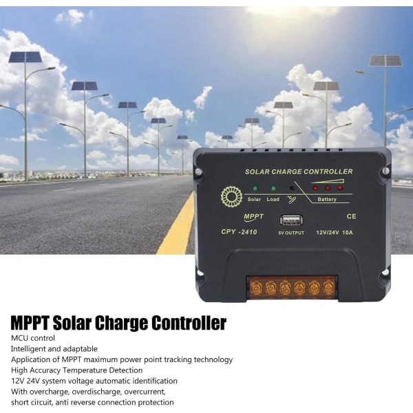 MPPT Solar Charge Controller, 10A Solar Panel Charge Controller med USB port, 12V/24V Solar Charge Controller (CPY-2410)
