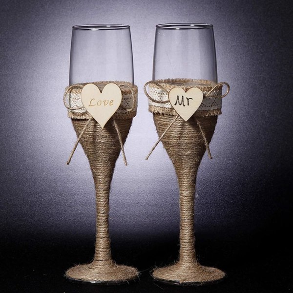 Set med 2 eleganta champagneglas för bröllop, handgjorda hamprep och spetsvinglas, klarblåst bägare för fester Bröllopsdagar