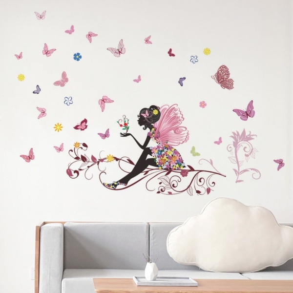 Väggdekal PVC väggdekal PVC väggdekal Fairy Flower Butterfly Vinylkonstdekal Flicka Sovrum Heminredning Avtagbar