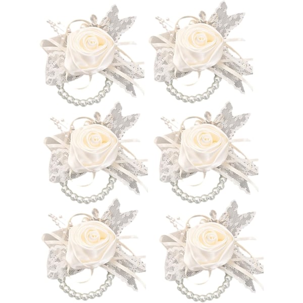 6st sidenrosa handledsblomma med pärla, för flicka Brudtärna Bröllopsbrud för bröllopsbal, konstgjorda blommor Rosor handledskorsage för bal