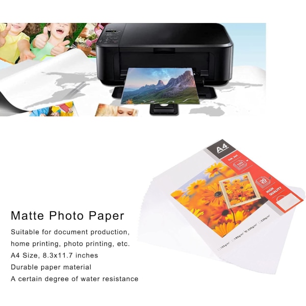 Matt fotopapper Matt fotopapper papper 20st matt fotopapper slitstarkt papper A4 8,3X11,7In blank yta Vattentålig fotoskrivare med hög ljusstyrka