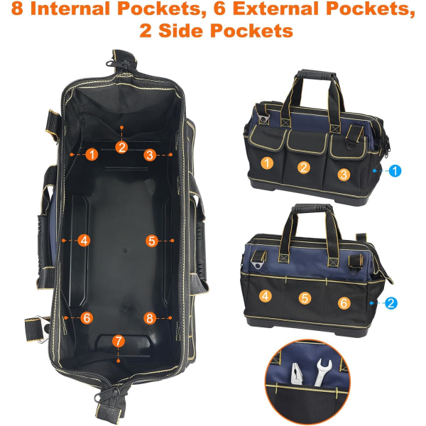 Verktygsväska med bred mynning, organizer 17"multi med 16 väskor för män och kvinnor med justerbar axelrem och