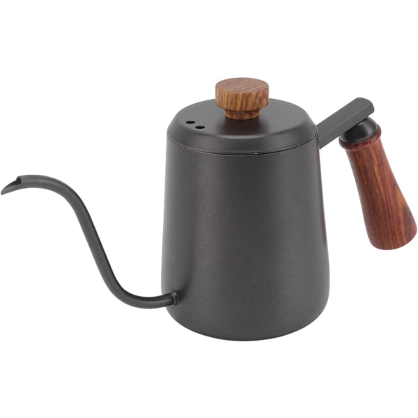 Kaffe i rostfritt stål, tekanna, handkanna med trähandtag, lång mun, säker polerad yta, bärbar, för hem, kök (svart 600 ml)