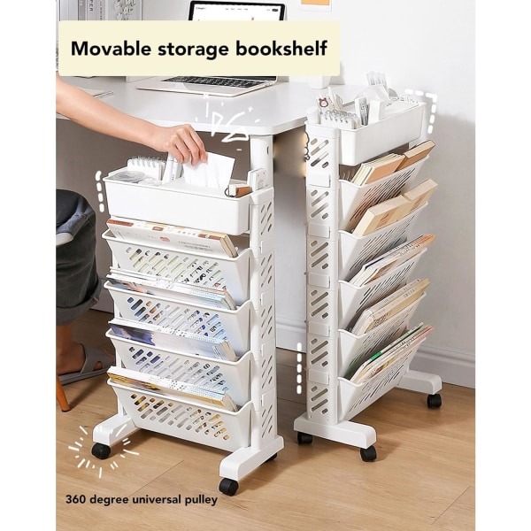 Vit organizer med hjul Bokhylla förvaringsbokhylla, unik bokhylla rullande bokvagn, löstagbar plast flyttbar