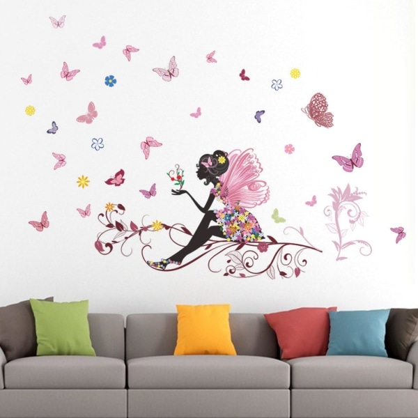 Väggdekal PVC väggdekal PVC väggdekal Fairy Flower Butterfly Vinylkonstdekal Flicka Sovrum Heminredning Avtagbar