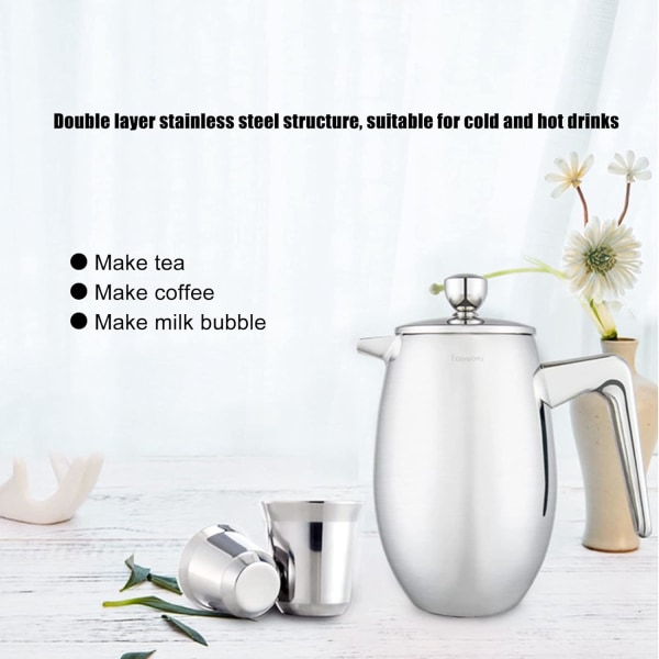 304 rostfritt stål dubbellager kaffefilter vattenkokare med blankt ihåligt handtag kaffekanna med sked hem (350 ml)