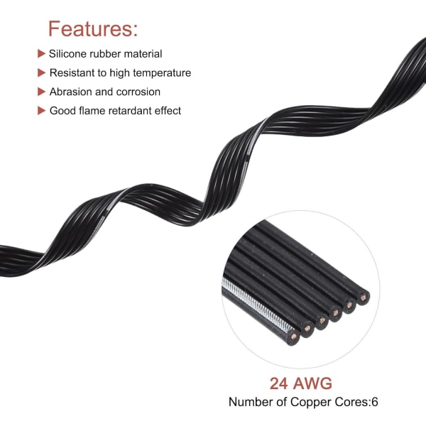 24AWG silikonöglekabel 6stift 24 gauge platt kabel flexibel silikontråd 6m/20ft svart tvinnad förtent koppartråd