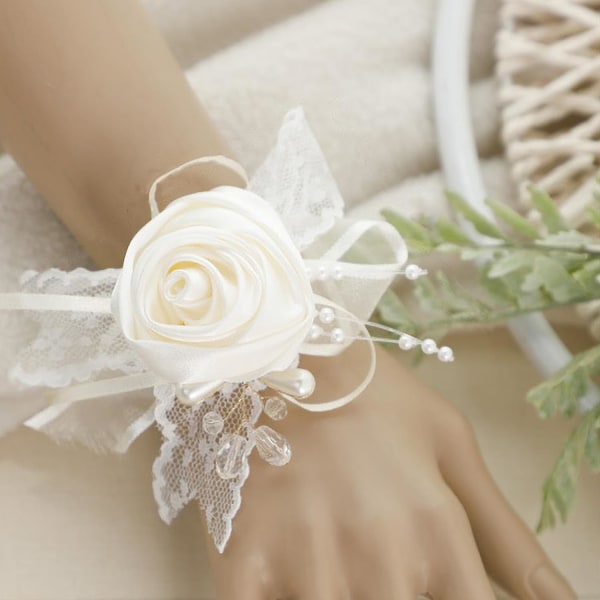 6st sidenrosa handledsblomma med pärla, för flicka Brudtärna Bröllopsbrud för bröllopsbal, konstgjorda blommor Rosor handledskorsage för bal