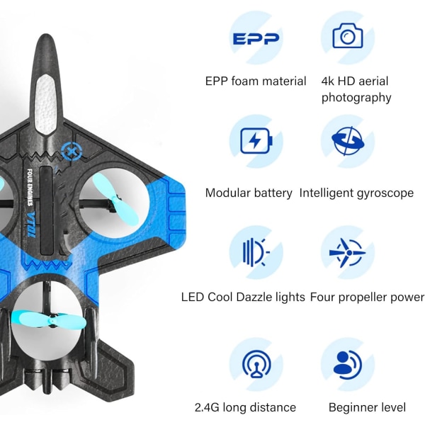 Leksaksflygplan, 2,4 GHz reservpropeller Lättmanövrerad Självstabiliserande 4K-flygfotografering Fjärrkontrollglidare med LED-ljus för barn