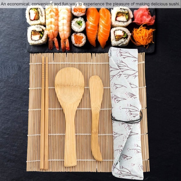 Sushitillverkningssats Bamboo Sushi Kit 9 delar set Bamboo Sushitillverkningssats innehåller 2 rullmattor 5 ätpinnar 1 paddel 1 blad