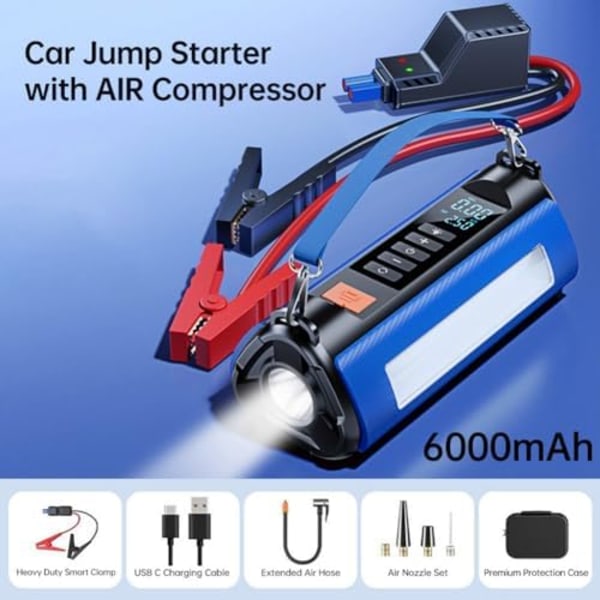 Bärbar 6000 mAh däckpåfyllare-auto-nödklarinett, multifunktionell utomhusluftpump för motorcyklar? Der, pickup blå 6000mAh