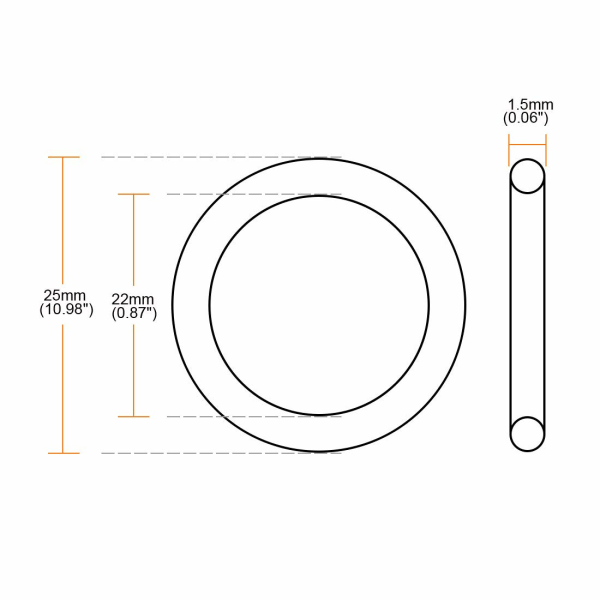 Inköpskartpaket med 20 gummi-o-ringar 25 mm och 22 mm id 1,5 mm bred metrisk tätning