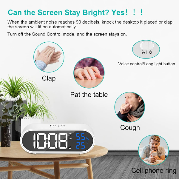Digital väckarklocka, LED digitalklocka digital väckarklocka temperatur snooze 2 larm vit