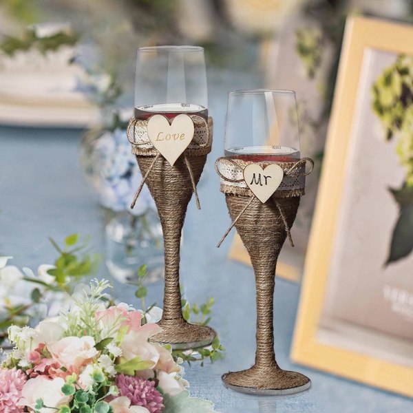 Set med 2 eleganta champagneglas för bröllop, handgjorda hamprep och spetsvinglas, klarblåst bägare för fester Bröllopsdagar