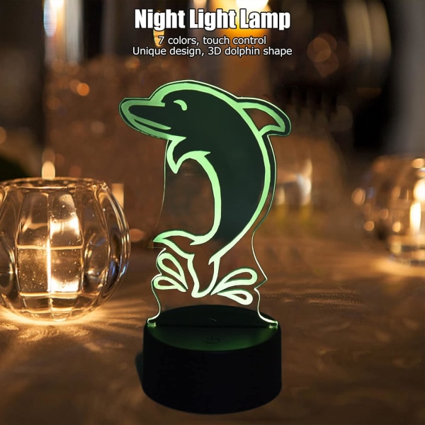 Delfinformad lampa, 3D nattljus 7 färger USB laddning Delfinformad akryl LED-lampa, inredning i sovrummet för barn som julklappar för födelsedagspresenter