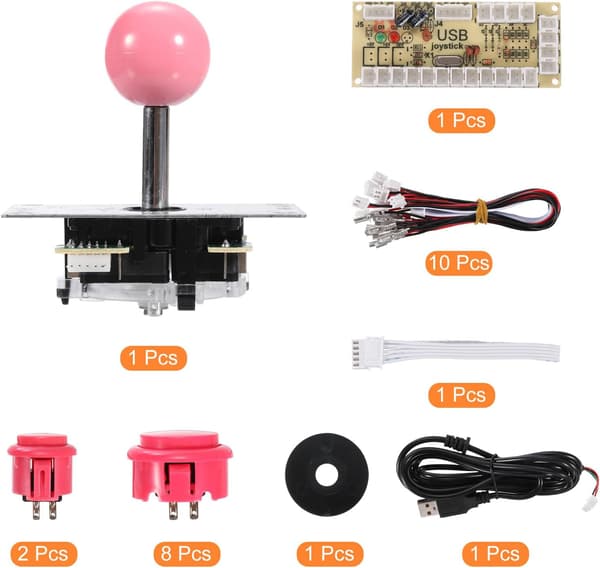 Gør-det-selv PC Joystick-sæt til arkadespil, Gør-det-selv Joystick-dele, 5-bens ABS Arkadeknap til klassisk PC Arkade, Pink