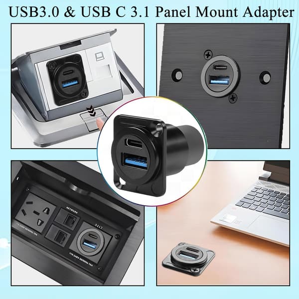 USB 3.0 och USB C Panelmonteringsadapter 3.1 - Fastmonterad USB A och USB C Hona till Hona Panelmonterad Data Laddningskontakt för XLR/D-typ
