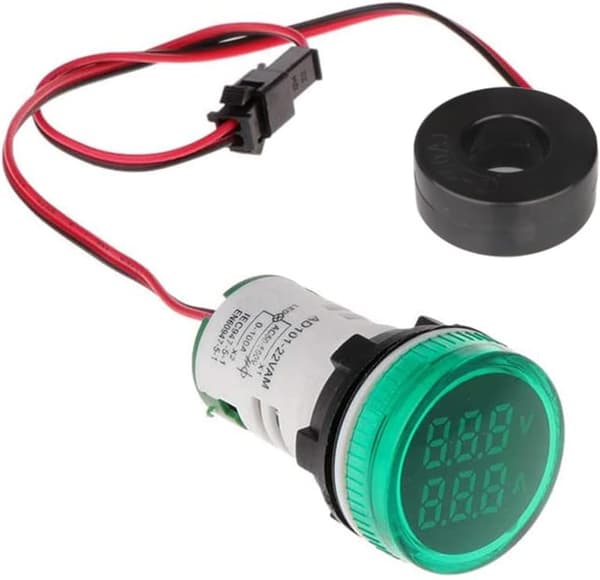 22 mm AC spændings- og strømtester med 2-cifret LED-display, multifunktionsvoltmeter, ammeter, panelmåler, AC 50-500V, 0-100A (grøn, rund)
