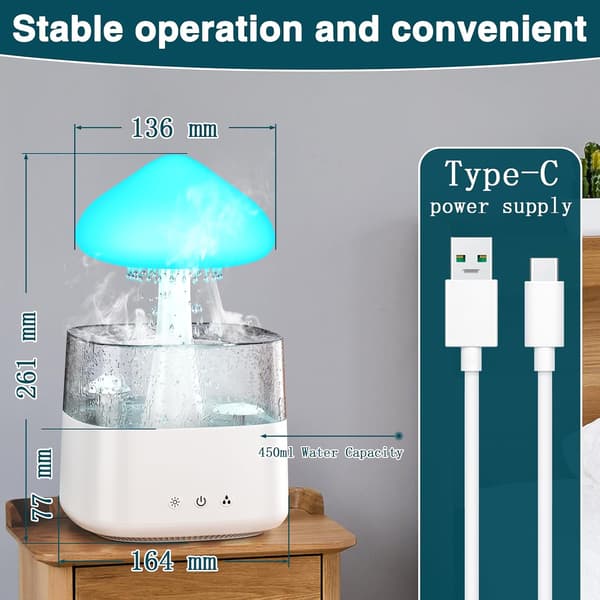 450 ml luftfukter, vanndråpe-luftfukter med fjernkontroll, 3 moduser og 7 farger, LED-lys aroma diffuser, støyende hvit regndråpe-luftfukter for soverom