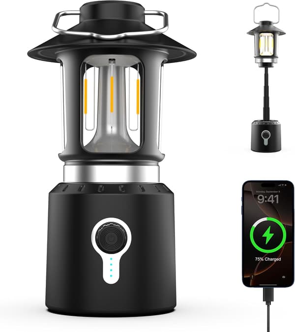 LED Campinglykt, 8000mAh Oppladbare Campinglys med 3 Lysmoduser, Vanntett og Støtsikker Teltlys, Batterilykt, Svart
