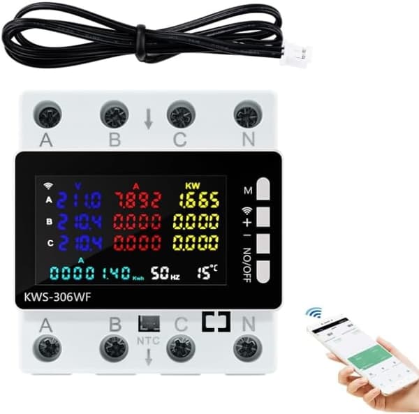 WiFi trefase strømmåler, 80A 220V AC smart strømmåler, beskyttelse mot strømbrudd/underspenning/overstrøm/overeffekt osv.
