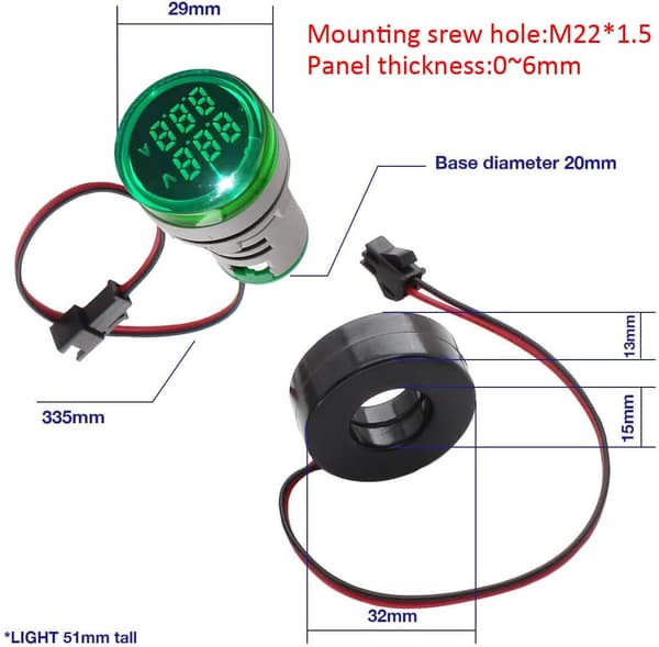 22 mm AC spændings- og strømtester med 2-cifret LED-display, multifunktionsvoltmeter, ammeter, panelmåler, AC 50-500V, 0-100A (grøn, rund)