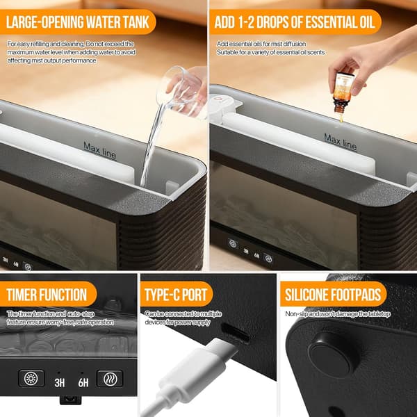 Eterisk Oljediffusor Eldstad-Falsk Eldstad med Realistisk Flameffekt, 4-i-1 Hemdoftdiffusor, 7 Ljuslägen, 150 ml för Vardagsrum/Sovrum