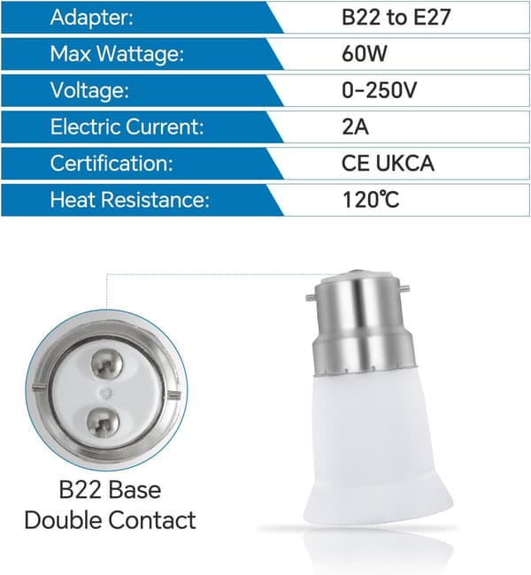 6 STK B22 til E27 Pluggomformer, BC B22 til ES E27 Skruepære-adapter, 0-250V, Maks 60W, Lampepluggomformer for LED, Halogen, CFL, Glødelampe