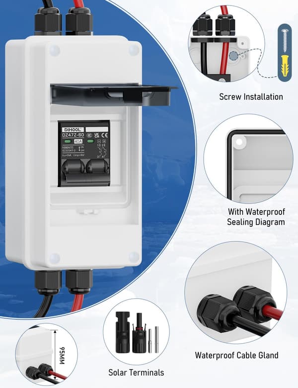 40A 1000V DC solcelleisolatorbryter, IP65 vanntett med forlengelseskabel, batterifrakoblingsbryter for solcellepaneler