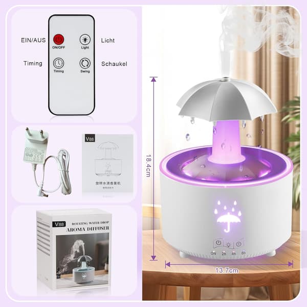 Luftfukter, Roterende Paraplydråpe-luftfukter, 7-farget LED Aromaterapi-diffuser, 300 ml Stor Kapasitet Eterisk Olje-luftfukter med Fjernkontroll