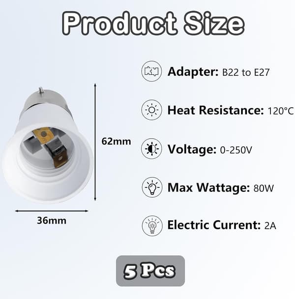 5-pak B22 til E27 adapter, skrue-bajonetpære-adapter, egnet til LED-, gløde- og CFL-pærer