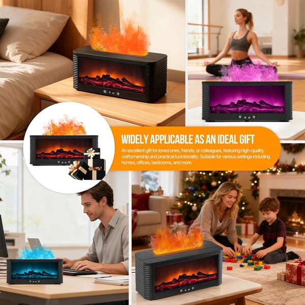 Eterisk Oljediffusor Eldstad-Falsk Eldstad med Realistisk Flameffekt, 4-i-1 Hemdoftdiffusor, 7 Ljuslägen, 150 ml för Vardagsrum/Sovrum