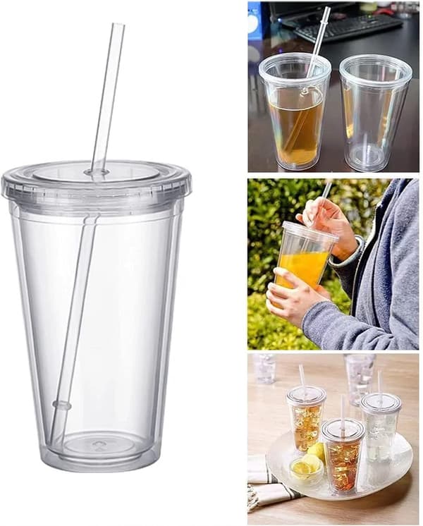 Plastmugg resemugg med sugrör, dubbelväggig plastmugg med lock för fruktjuice, smoothie, juice, kaffe, iskaffe, 2 st