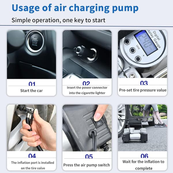 Däckpump luftkompressor, bärbar digital luftpump 12V dubbelcylindrig luftpump 150PSI för bildäck bilpumpar för däck