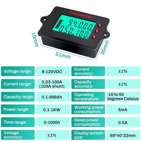 100A Battericontroller 12V 24V 36V 48V Batterimonitor 8-120V Universal Batteriammeter Lithium Batterispænding Strøm Rent Kobber + 2m USB-kabel