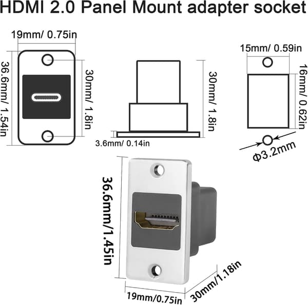 4K HDMI 2.0 Rektangulær Paneladapter Hun til Hun Monteringsstik, HD Display Dock til Enhedspanel, Skrivebord, Væg, PC Skærm Projektor HDTV