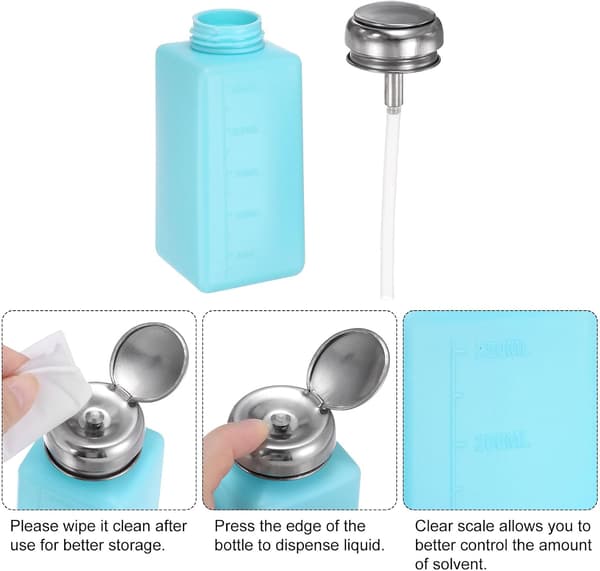 2-pak 250 ml (8,5 oz) alkoholopløsningsmiddeldispenser med push-down væskepumpeflaske med tætningshætte i rustfrit stål til acetoneopløsning, blå