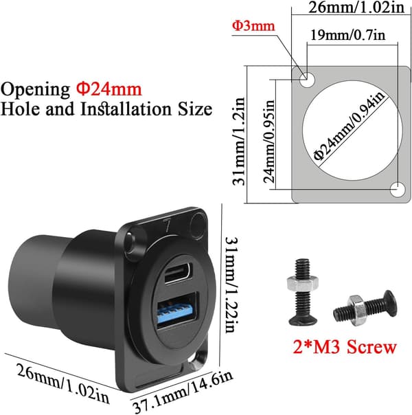USB 3.0 og USB C Panelmonteringsadapter 3.1 - Fastmonteret USB A og USB C Hun til Hun Panelmonterings Dataopladningsstik til XLR/D Type